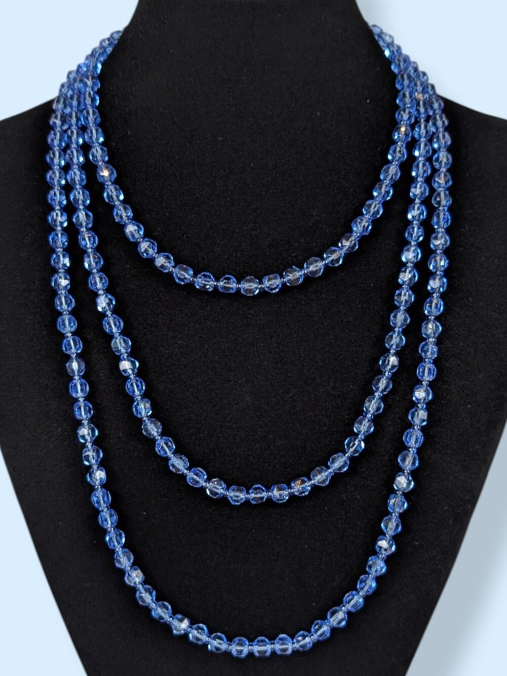 Vintage Extra Long Blue Crystal Beaded Necklace